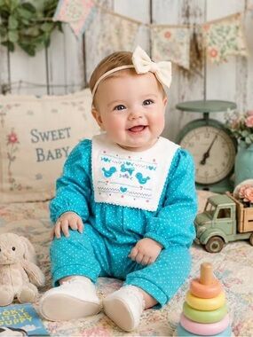 Vintage Buster Brown Baby Jumpsuit 12M NWT Teal Polka Dot Smocked Bird 90s